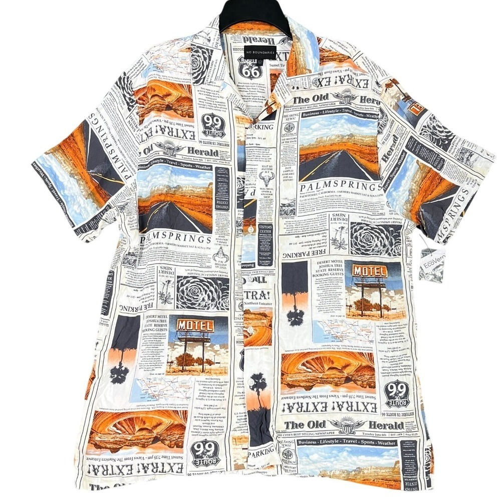 No‎ Boundaries Route 66 Americana Shirt Mens L Newspaper Hawaiian Palm Springs